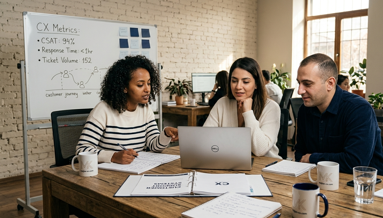 Support team collaborating around a desk with training materials and performance metrics